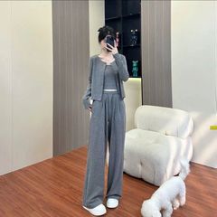 薄款运动休闲套装时尚春秋季2025高端宽松开衫阔腿裤三件套装纯色