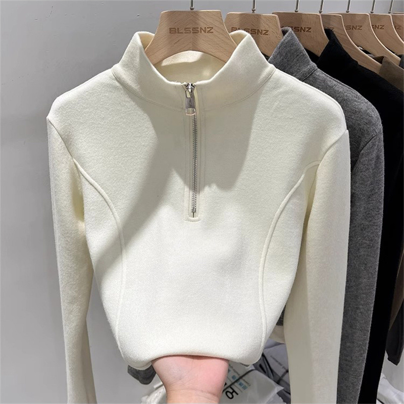 대외 무역 반 높이 칼라 지퍼 긴팔 티셔츠 여성용 가을과 겨울 기모 벨벳베이스 셔츠, 슬림 핏 투피스 탑