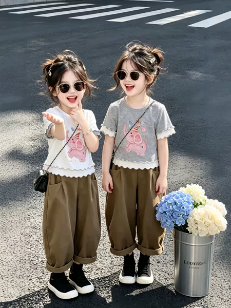 2026 New Style Kidsren's Pure Cotton Cartoon Short-Sleeved T-Shirt for Girls, Summer Cute Elephant Print Trendy Top