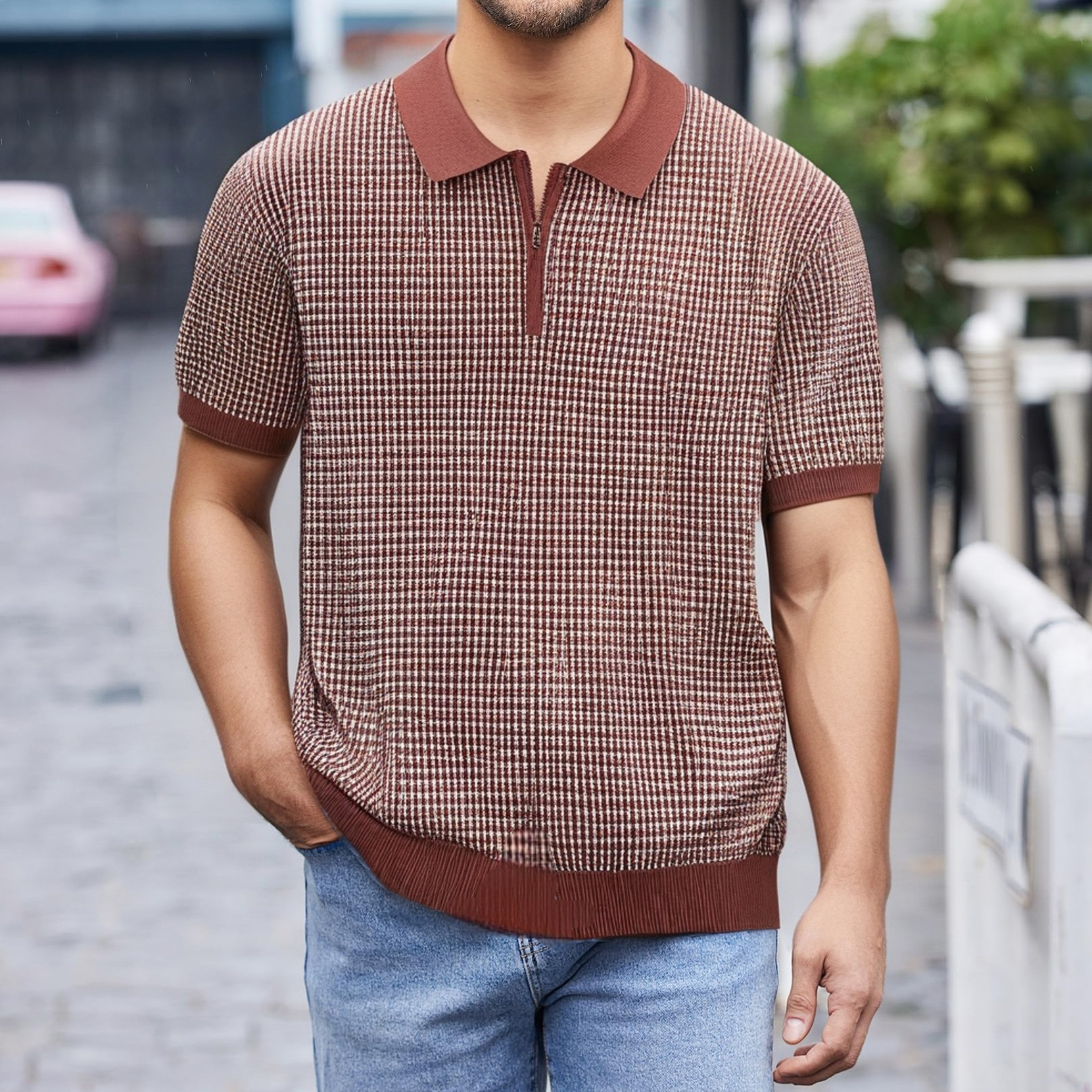 Foreign trade men's European and American summer new short sleeve sweater men's American hollow color matching texture lapel POLO shirt