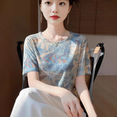 女士花色圆领短袖扎染印花短袖t恤女士上衣宽松正肩内搭打底衫女