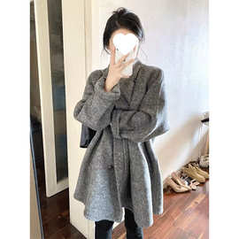 秋冬新款高级感小香风富家千金灰色毛呢外套女中长款双面呢子大衣