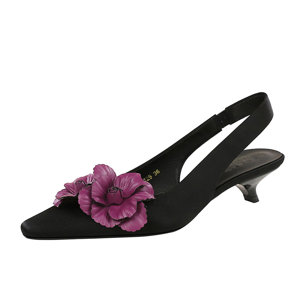 High-end Floral Satin Pointed Toe Mid-heel Women's Slingbacks_voghion.com
