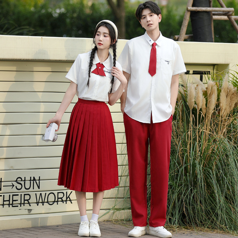 졸업 사진 JK 바람 2024 실제 사진 여름 커플 원피스 반팔 학생 셔츠 세트 원피스 클래스 원피스