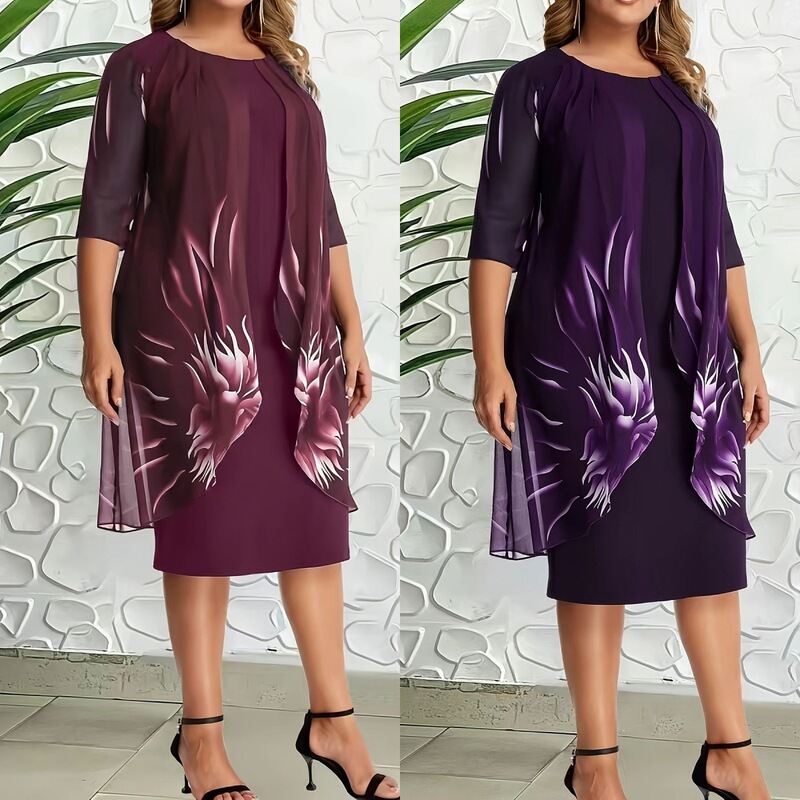 2025 European and American Summer New Cross-Border Aliexpress Loose Casual Mid-Sleeve Round Neck Dress