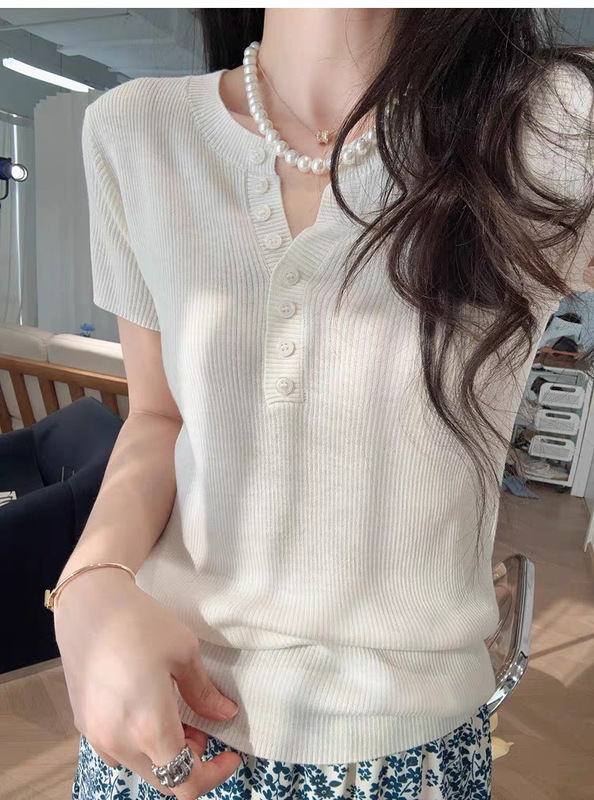 フレンチミルク黄色半ボタンvネック半袖tシャツ女性2025春夏修身洋気百合坑条ニット上着|undefined
