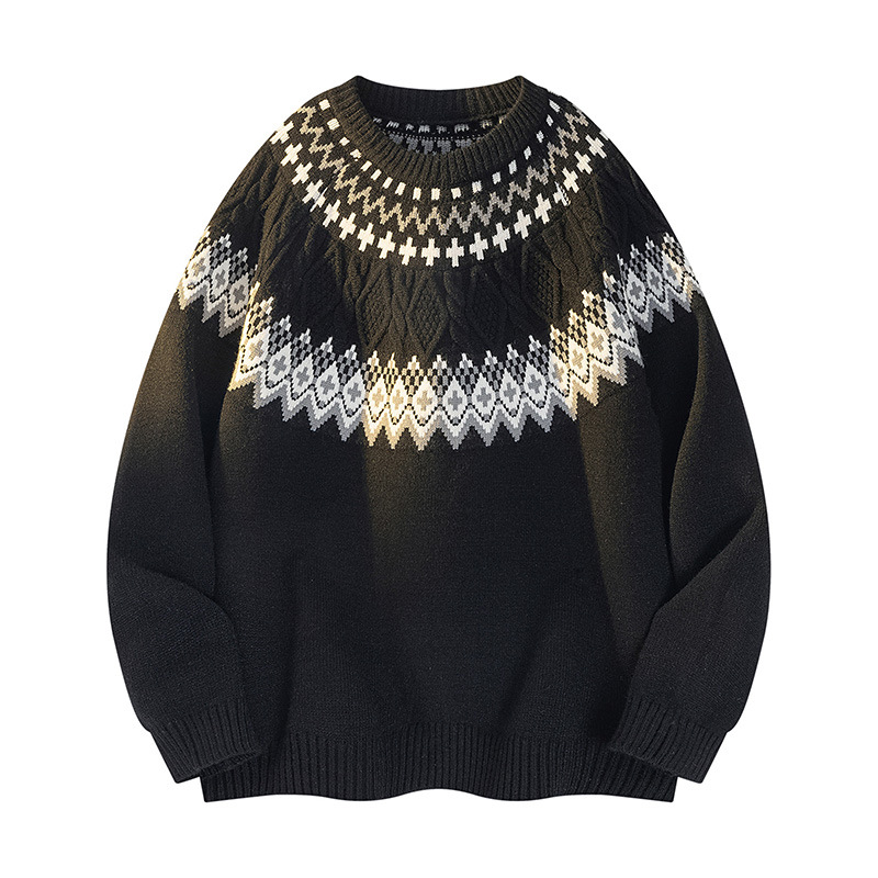 青少年联名美式复古提花针织衫外套男女秋冬宽松民族风毛衣潮，男装针织衫/毛衣，星座614