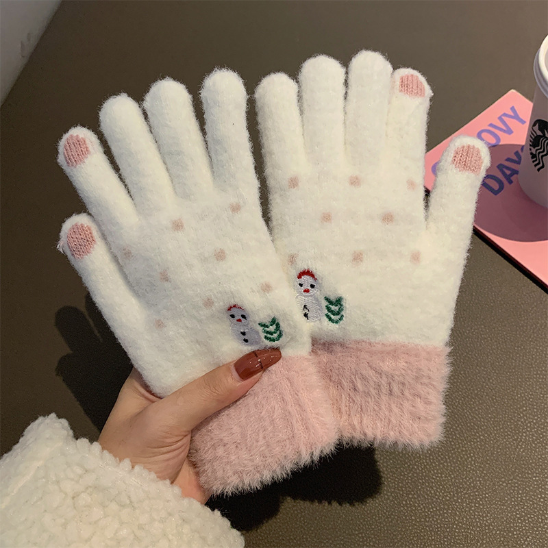 Estudiante a prueba de frío lana de punto a caballo cinco dedos Pantalla táctil de dibujos animados guantes calientes de invierno femenino engrosada linda pareja