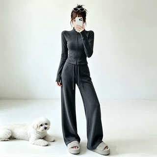休闲双面磨毛套装女士春秋时尚运动韩系显瘦短款卫衣阔腿裤两件套