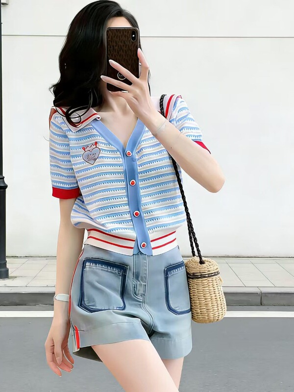 Cross-Border Foreign Trade【Cool Silk Wash】College Style Patchwork Navy Collar Striped Knit Cardigan for Women Summer Design