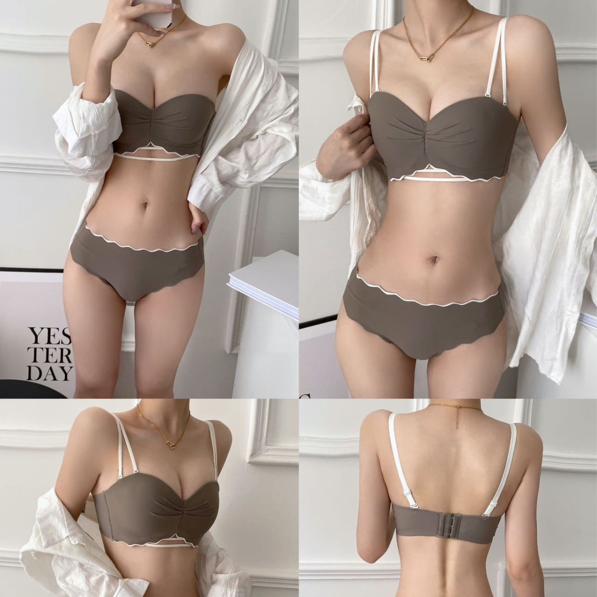 Bikini media taza antideslizante de dos prendas, sin tirantes, top de tubo, sujetador de ropa interior, sin soporte de anillo de acero, ¡cómodo! image 4