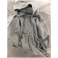 灰色连帽毛衣外套女宽松春秋冬外搭慵懒风加厚针织双拉链卫衣开衫