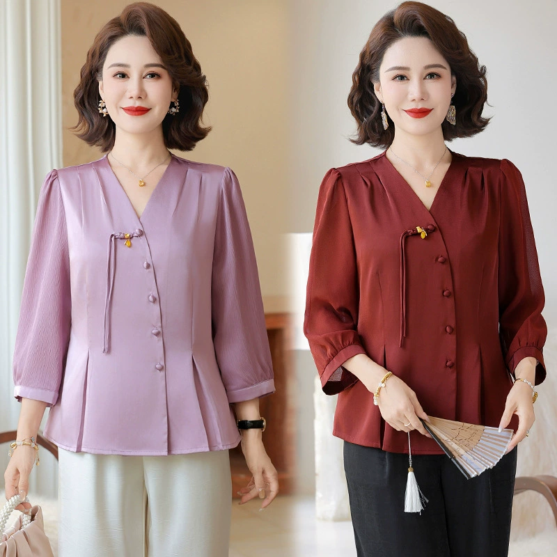 Маминая летняя новая модная футболка в китайском стиле, маленькая рубашка для мам среднего и пожилого возраста, тонкая верхняя рубашка в китайском стиле, уменьшающая возраст