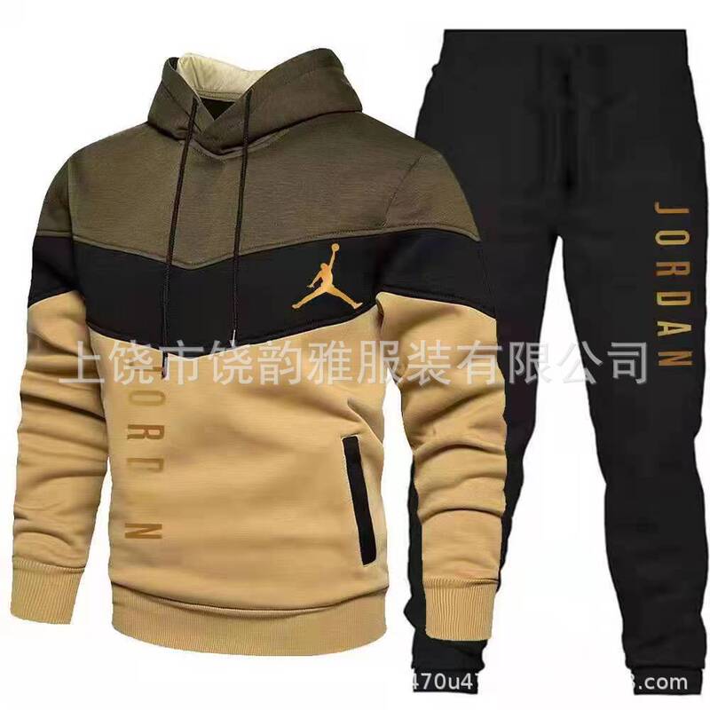Cross-Border Men's Patchwork Hoodie Two-Piece Winter Fleece Thickened Warm Hoodie Casual Suit Qiaodan