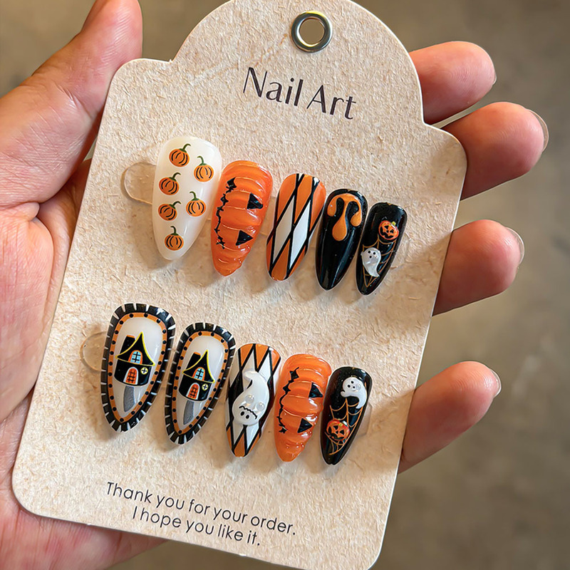 24-piece Halloween nail art set for holiday parties, pumpkin nail stickers, detachable 3D carved ghost press-on nails 24-piece Halloween nail art set for holiday parties, pumpkin nail stickers, detachable 3D carved ghost press-on nails
