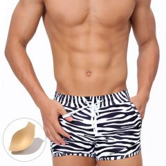 UXH 歐美男士斑馬條紋雙側口袋平角泳褲帶罩杯時尚沙灘速干短褲男