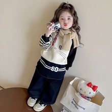 女童秋装套装2025新款儿童长袖连帽猫咪蝴蝶结条纹裤秋装两件套潮