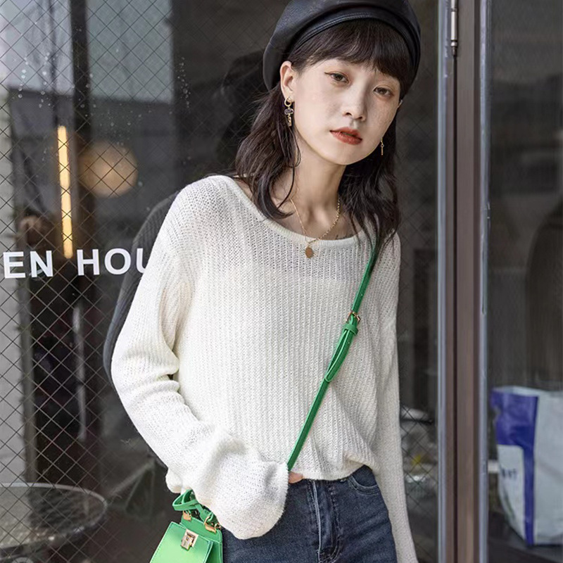 Clavícula corta camiseta de punto para mujeres 2025 primavera nuevo hueco vento perezoso blusa de color sólido camiseta de manga larga suelta image 3