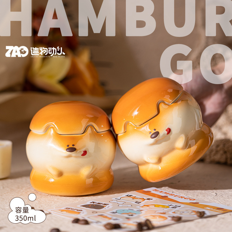 Taza de cerámica de perro hamburguesa de dibujos animados huevos de perro de madera muñeca taza de agua taza de té taza de café de leche taza de desayuno taza