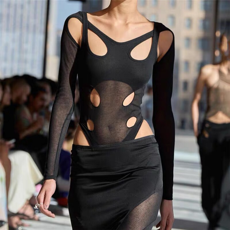 Ready in Stock) Dion's Same Style Wearing Semi-See-Through Digging Hole Cut Out Long-Sleeved Square Collar Knitwear Sexy Slim Jumpsuit