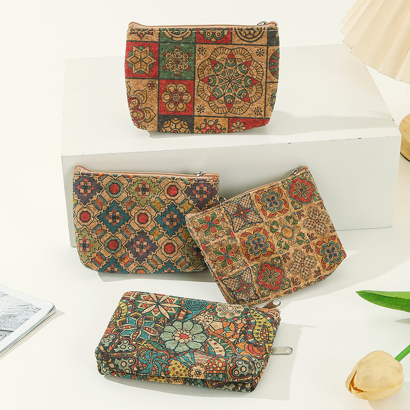 Square Shape Small Size Unisex Geometric Cork Zipper Wallets