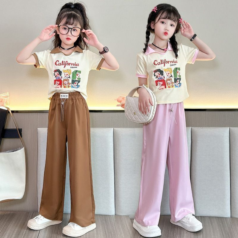 Traje de pantalones anchos casuales de verano para niñas 2023 nueva ropa de estilo occidental de moda traje de dos piezas de manga corta de verano
