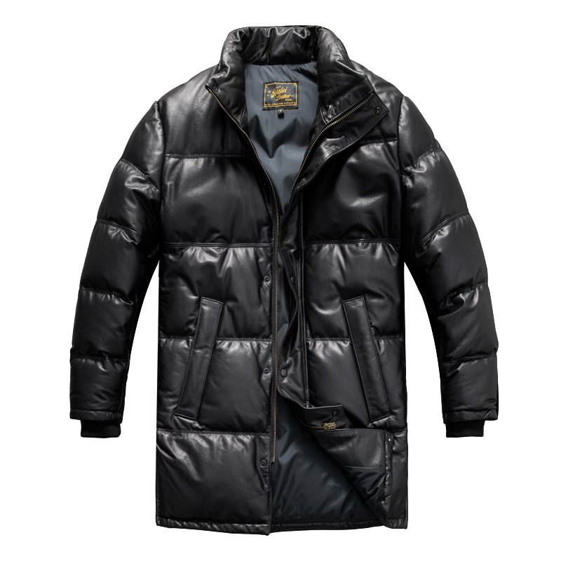 Leather keep warm windproof long down jacket for leisure, cowhide, genuine leather, plus size
