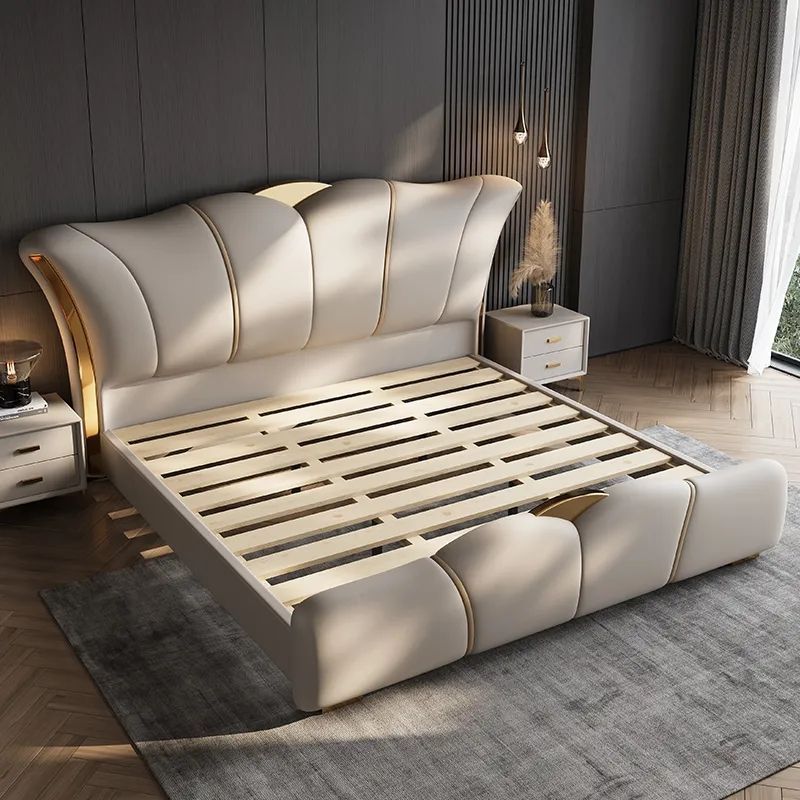Cama de cuero ligera de lujo italiana, cama principal, cama queen size, 1m8, hogar moderno y simple, 1m5, nuevo almacenamiento de 2m, envoltura suave, boda