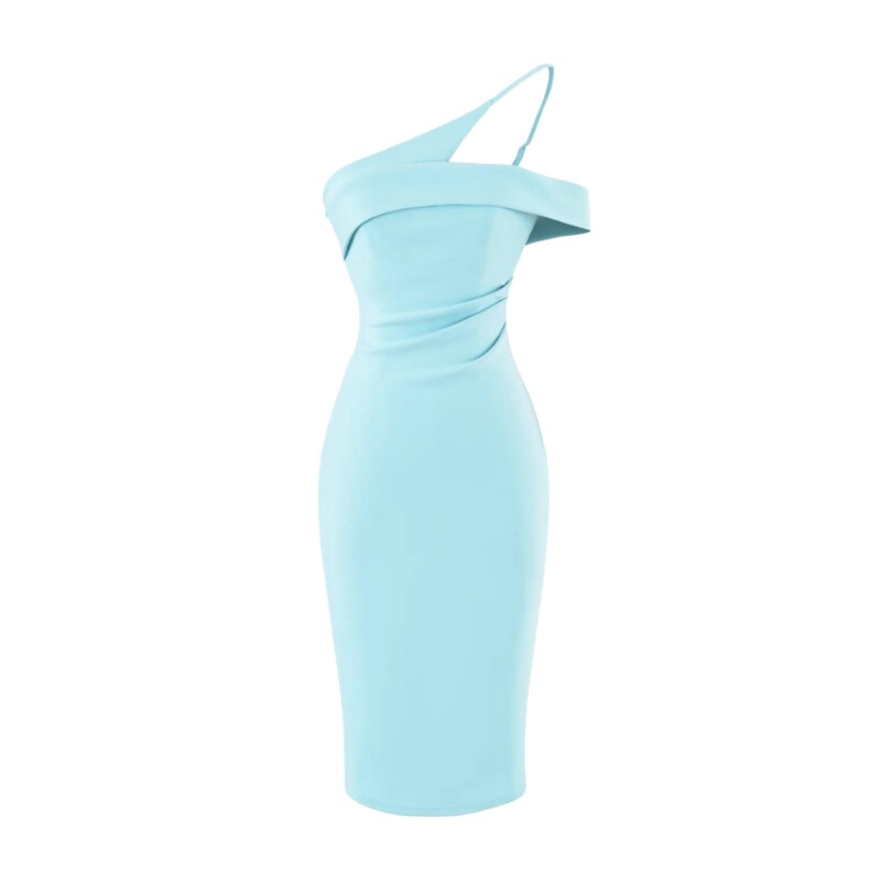 Gentle Style One-Shoulder Suspender Dress for Women with Back Slit, Slim Fit, Cinched Waist, Ruched, Off-Shoulder, Bodycon, Mid-Length Dress