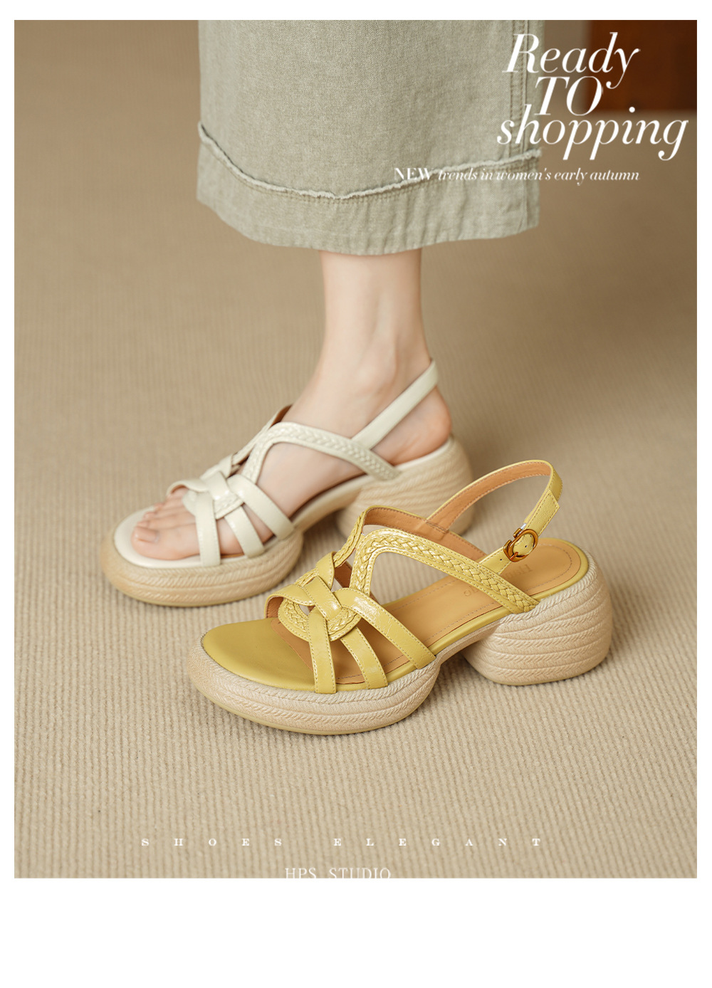 Sandal nữ hở mũi gót vuông đế dày 6 cm phong cách dệt — màu trắng ngà chi tiết 4