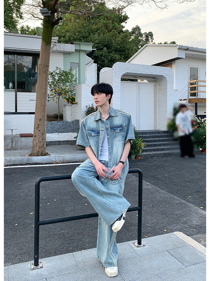 小众复古水洗垫肩短袖牛仔衬衫春夏季新款韩版设计感衬衣外套上衣