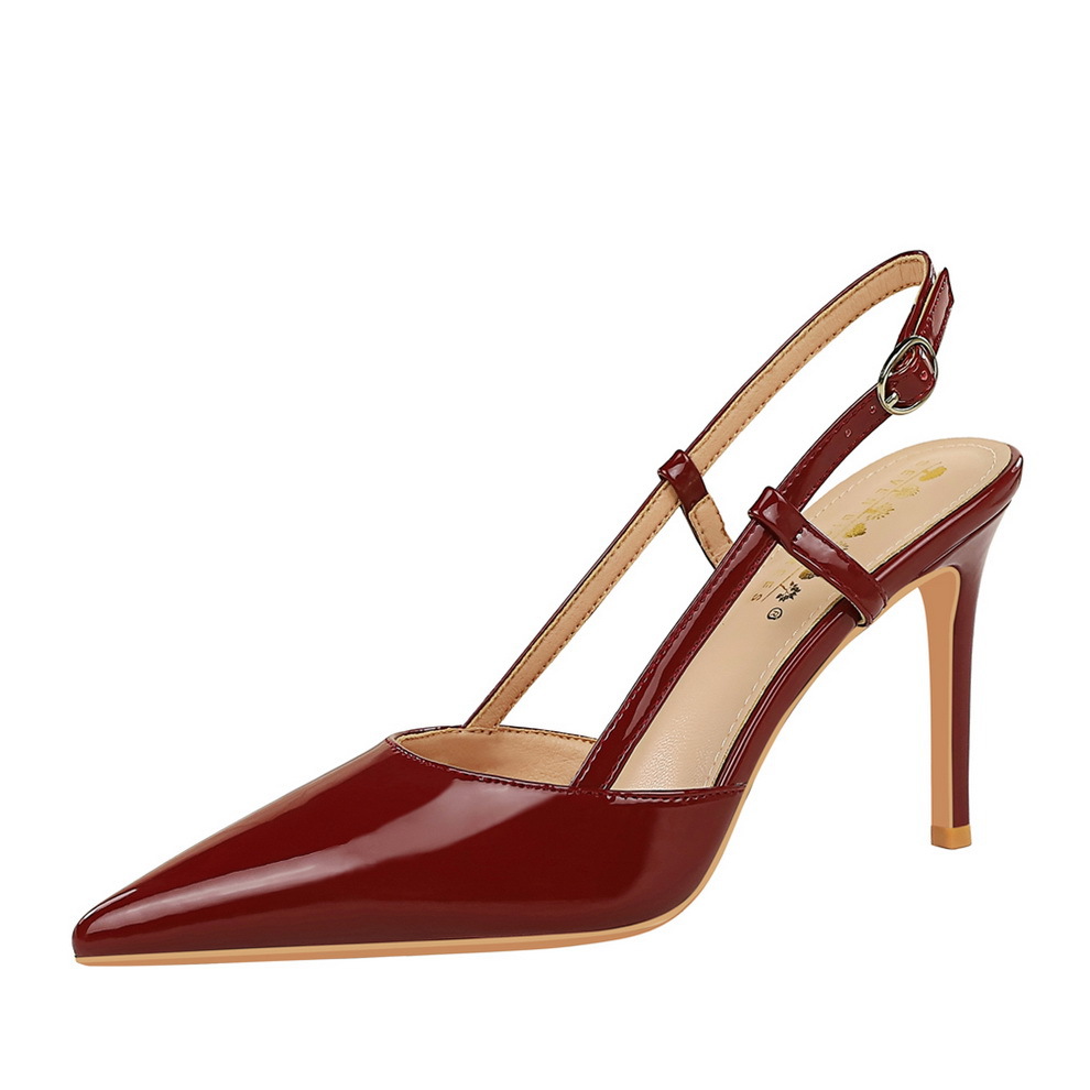 312 European And American Style Simple Hollow Pointed High Heels Stiletto Patent Leather Backless Back Strap Shallow_vogvips.com