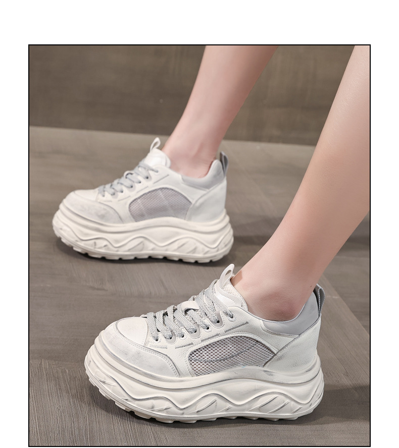 Giày thể thao nữ đế dày tăng chiều cao sneaker trắng cổ thấp — Xám trắng chi tiết 12
