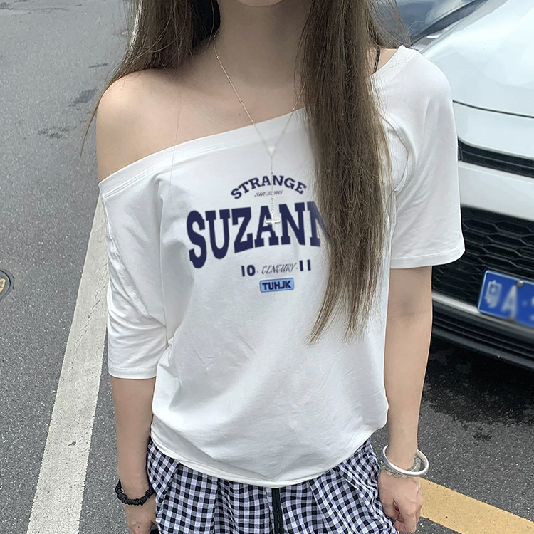 American-Style Trendy Brand White Off-Shoulder Letter Design Short-Sleeve T-Shirt for Women, New Summer One-Shoulder Top for Women