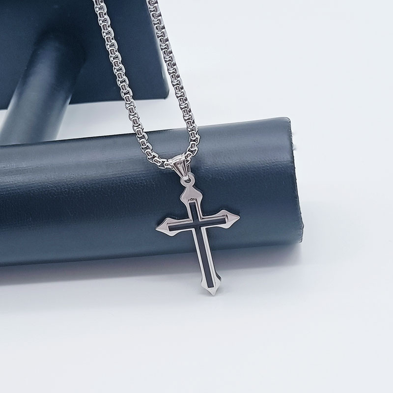 Stainless steel cross pendant necklace, double-layer pendant, square pearl with chain, men's trendy jewelry_voghion.com