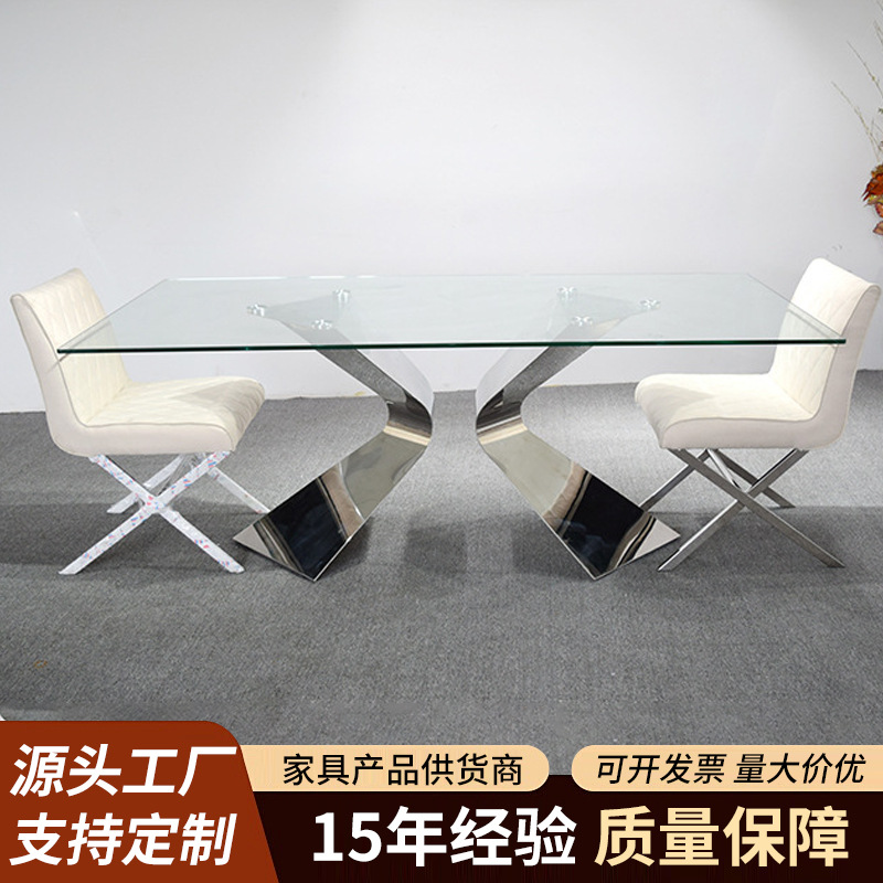 A8095 mesa de comedor minimalista contemporánea italiana de lujo ligera base de acero inoxidable 12 mm mesa de comedor de vidrio templado