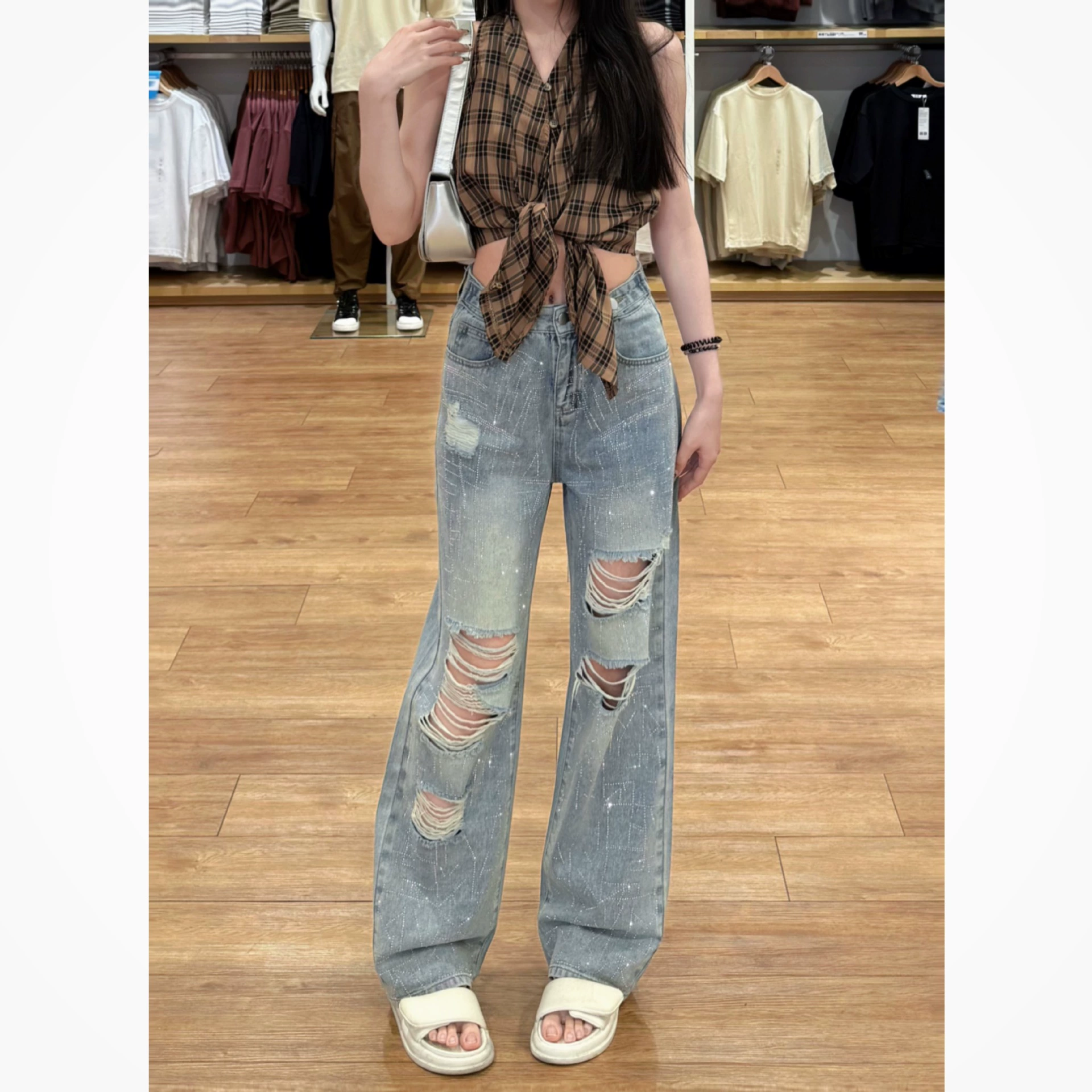 Горячая просверленная дыра в джинсах Женская весна лето новый тонкий маленький человек тонкая и свободная с высокой талией прямые брюки Другие