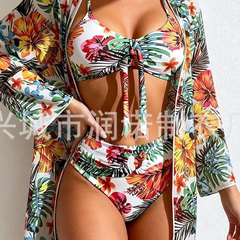 Cross-border European and American style women's three-piece bikini set, new long cover-up, tight-fitting, push-up, printed swimsuit for women