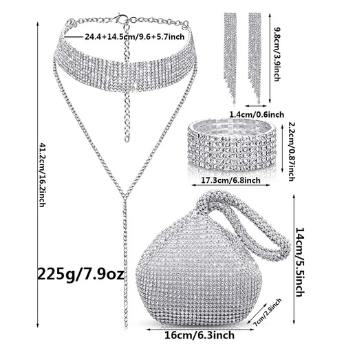 Bridesmaid's diamond bomb ball gown evening bag, full of diamonds claw chain tassel bracelet earrings necklace four-piece set jewelry set 