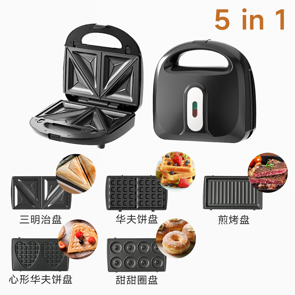 5-in-1 브런치 메이커 (샌드위치 + 와플 + 그릴 팬 + 하트 와플 팬 + 도넛)