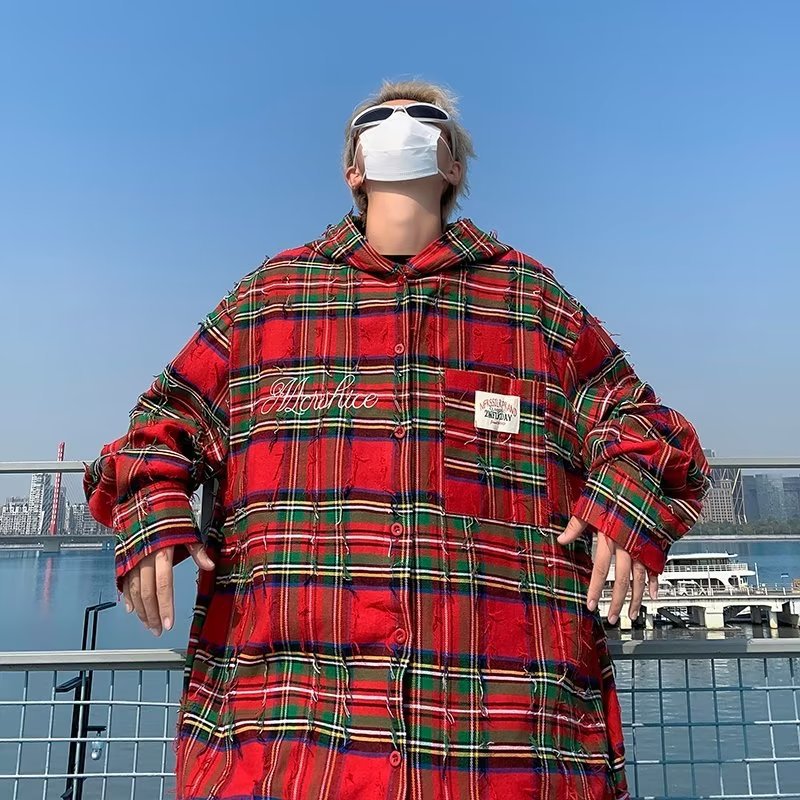 Herenoverhemd met lange mouwen Amerikaans Nieuwjaar Rood Geruit voor Heren Dames Lente Herfst Los en gedragen Mat Capuchon_voghion.com
