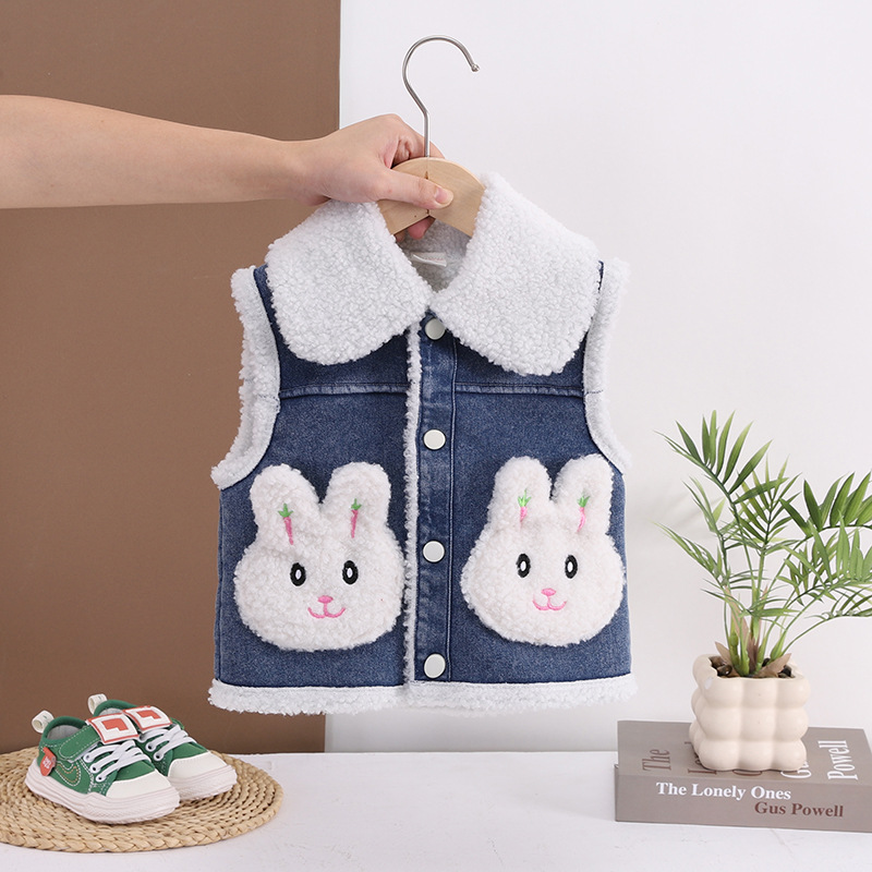Niñas engrosadas chaleco de conejo otoño y invierno nuevo tipo de camisa de hombro con chaleco caliente para niños de mediano y medio estilo coreano