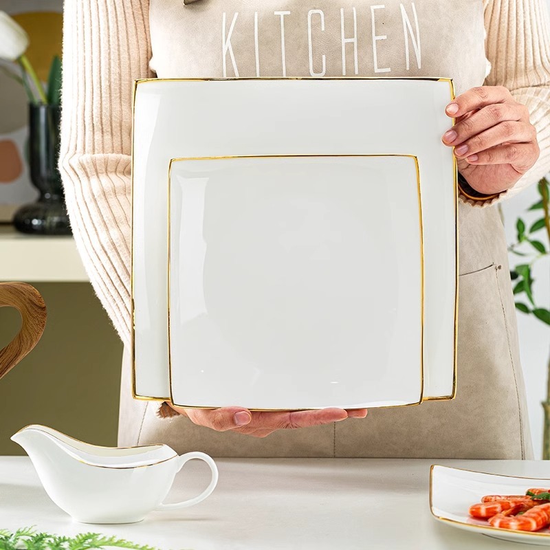 高級レストランホテル食器景徳鎮ボーンチャイナプレートゴールドエッジステーキプレート西洋ディナープレート家庭用スクエアステーキプレート|undefined