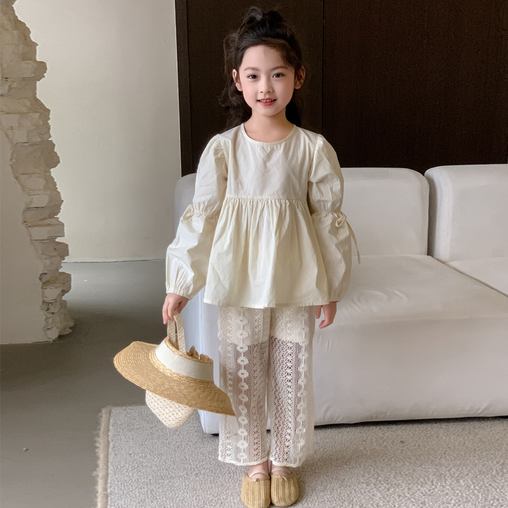 INS ropa para niños 2024 primavera niña lazo cinta camisa de manga larga de la muñeca media y grande niños niñas camisa de estilo coreano top