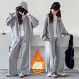 女童冬季新款奥利绒珍珠连帽卫衣卫裤套装中大童休闲外套阔腿裤潮