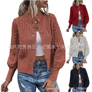 外贸秋季针织开衫外套女时尚长袖单排扣毛衣修身短装纯色针织衫女