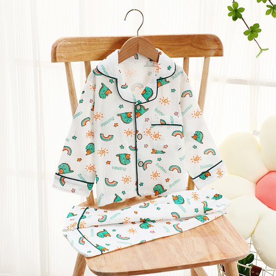 Children's Gauze Home Clothes suit Baby's Long Sleeve Cotton Pajamas Cardigan Children's Lapel Cute Baby