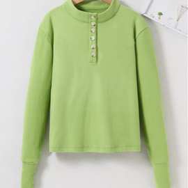 双面绒纯欲风纽扣长袖T恤秋季新款百搭修身短款休闲打底上衣