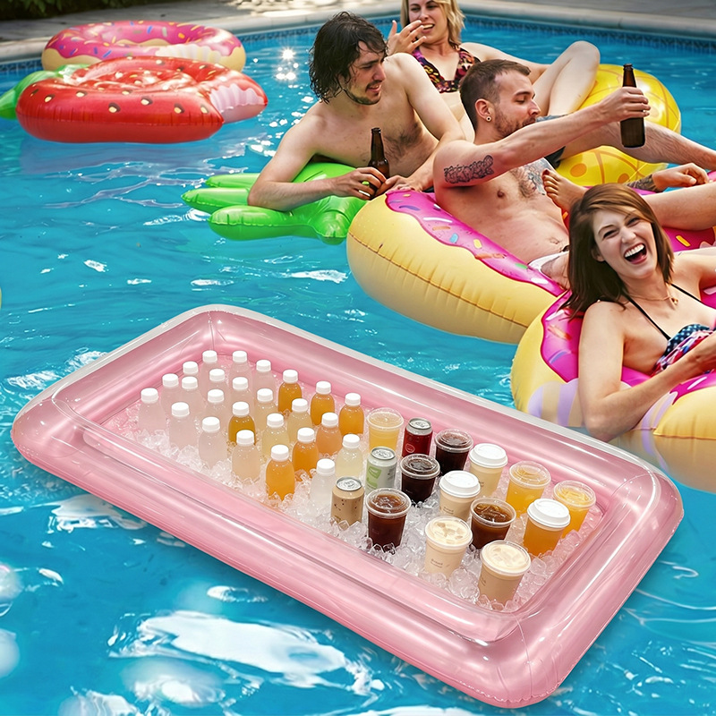 Neuer transparenter, quadratischer, aufblasbarer Eiskühler, Getränketablett für Sommer-Poolpartys, verdickter, schwimmender Becherhalter für Wasser_voghion.com