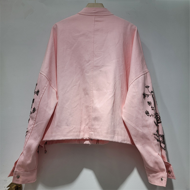 Chaqueta Corta de Poliéster para Mujer con Cuello Alto y Bordado Floral